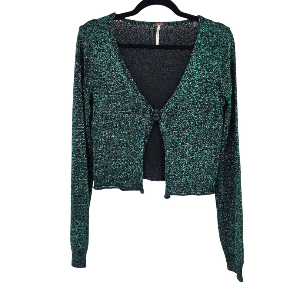 Free People Women's Green Shimmer Emmaline Cardigan Sweater Size Small